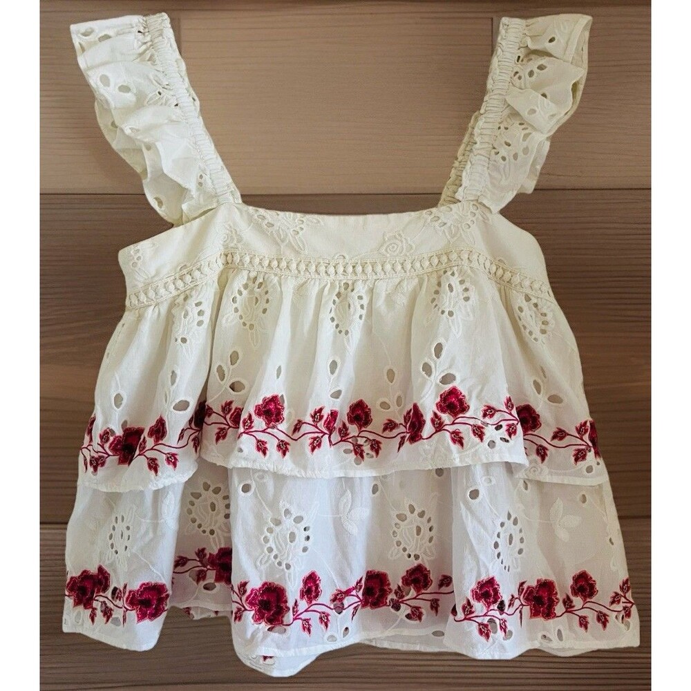MISA Los Angeles Caryssa Eyelet Ruffle Tank  Top Sz M Embroidered White Floral